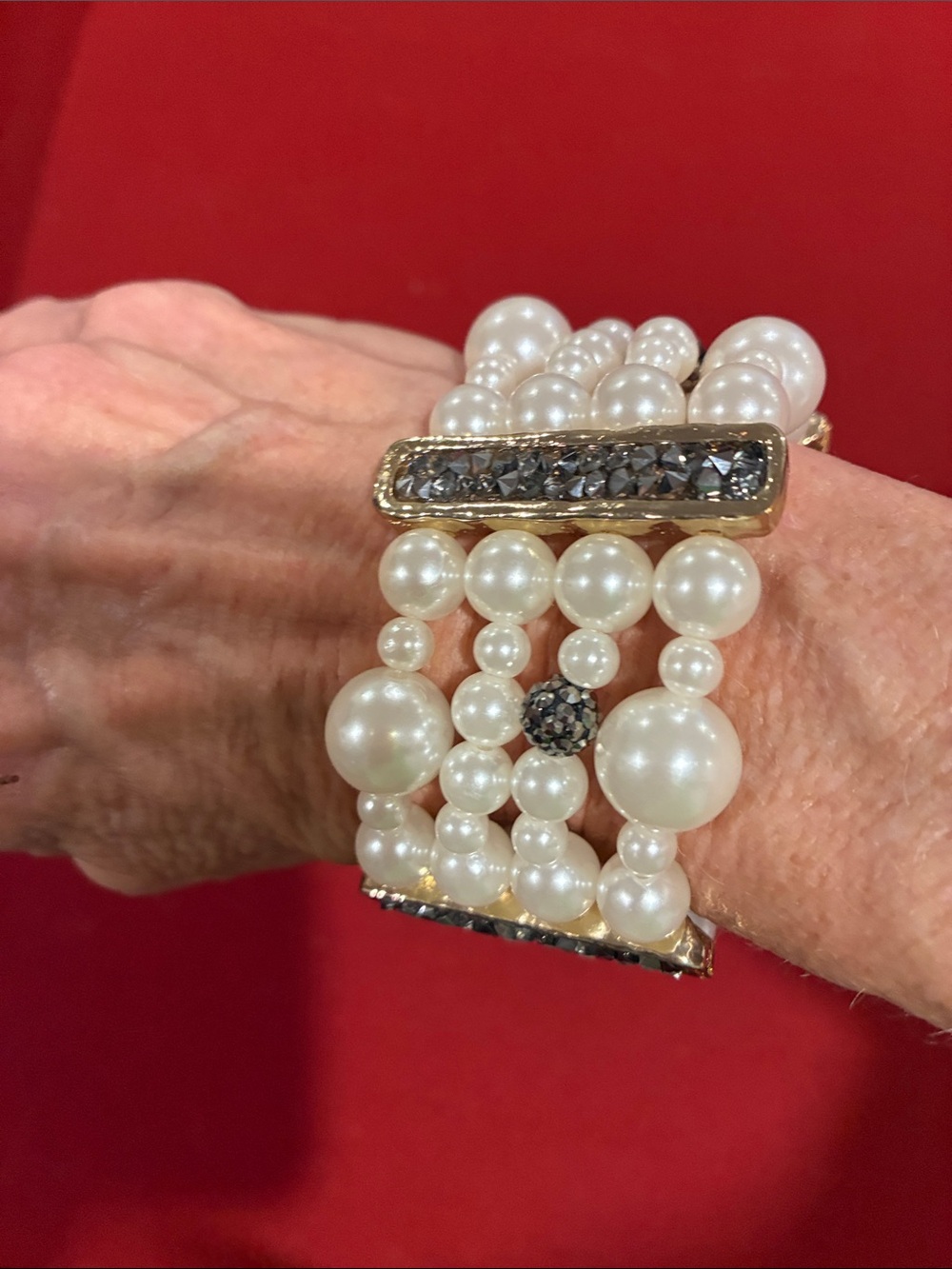 Chico's Gold-Tone Multi-Strand Faux Pearl Bracelet with Smoky Crystals